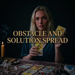 May include: A set of tarot cards featuring The Fool card held in the centre, with the text OBSTACLE AND SOLUTION SPREAD overlaid in gold. The scene includes a lit yellow pillar candle, scattered crystals, and multiple tarot cards laid out.