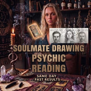 May include: A psychic reading service advertisement featuring the text SOULMATE DRAWING PSYCHIC READING SAME DAY FAST RESULTS. The image displays a person, a lit candle in a snake-shaped holder, tarot cards, crystals, and a sketch of three faces.