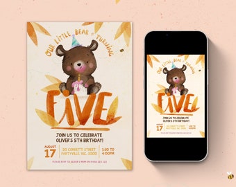 Little Bear Birthday Party Invite, Five, 5th, Bear Theme, Custom Invitation, Kids Party, Digital, Print at home, DIY Invite, Boy, Girl