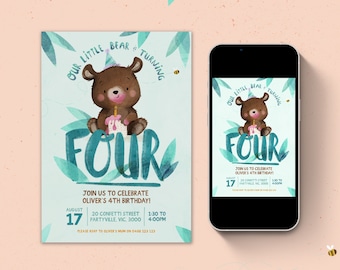 Little Bear Birthday Party Invite, Four, 4th, Bear Theme, Custom Invitation, Kids Party, Digital, Print at home, DIY Invite, Boy, Girl