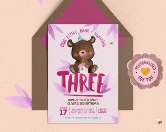 Little Bear Birthday Party Invite, Third, 3rd, Bear Theme, Custom Invitation, Kids Party, Digital, Print at home, DIY Invite, Boy, Girl