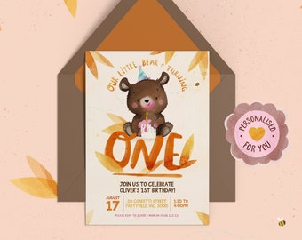 Little Bear Birthday Party Invite, First, 1st, Bear Theme, Custom Invitation, Kids Party, Send Digital, Print at home, DIY Invite, Boy, Girl