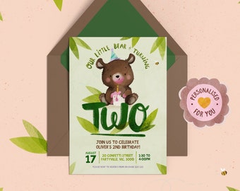 Little Bear Birthday Party Invite, Second, 2nd, Bear Theme, Custom Invitation, Kids Party, Digital, Print at home, DIY Invite, Boy, Girl