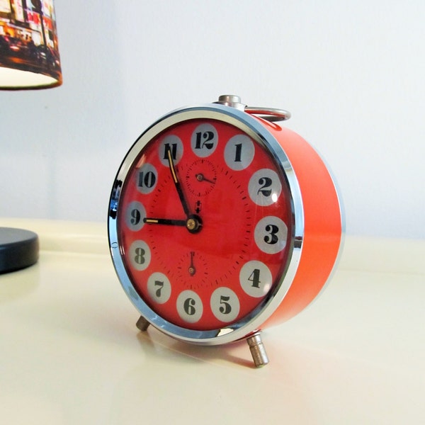 Vintage Alarm Clock Orange color Metal Clock Made in Germany in the 70s, Home Decor, Collectibles Clock