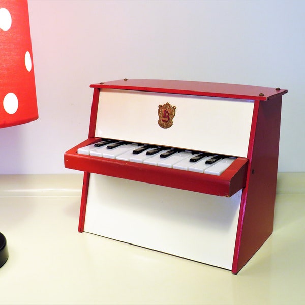 Vintage original madera italiano juguete piano BEMPA coleccionables retro niños niño rojo juguete instrumento musical, 10 llaves, regalo de Italia para niños años 60