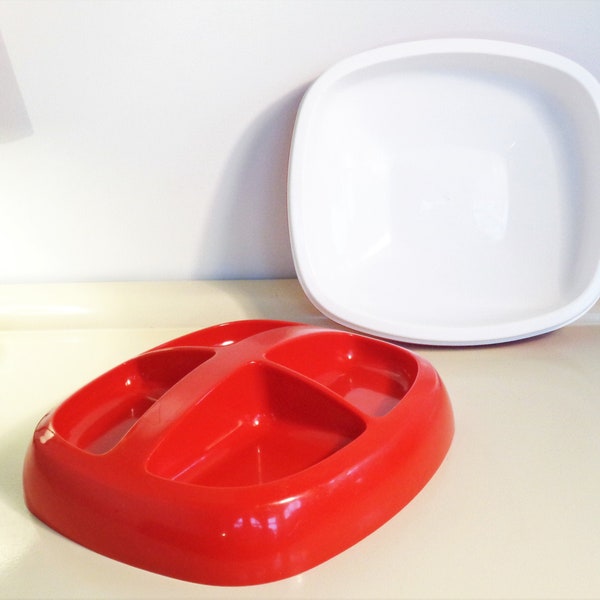 Vintage Snack Server, Plastic Serving Bowl on Ice with Tray Cover, Retro Tray and Ice Cube Bucket Set, Divided Snack Tray, Red Color, 70s