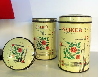 Vintage holländische Blechdose Zucker und Tee Blechdosen Aufbewahrungsboxen Suiker und Thee Jar Home Kitchen Cafe Decor Set Dekoration Blumen