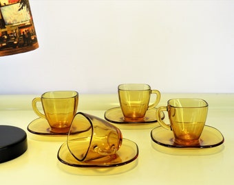 Vintage Glass Coffee Teacups, Set of 4 Small Espresso Teacups, French VERECO Cups and Saucers, Amber Color, Christmas Gift, France, 70s