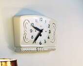Vintage Clock Wall Art Pottery S.M.I France, Kitchen Decor, Beige Color with Gold Trim and Dark Green Lettering, Home Decor, 40s