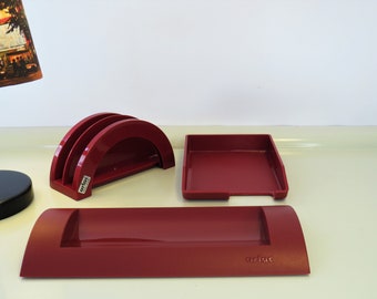 Vintage Desk Set, Retro ARLAC German Desk Letter Holder, Memo Notes Holder, Pen Holder Tray , Stationary Drawer Set, Red Color, Germany, 70s