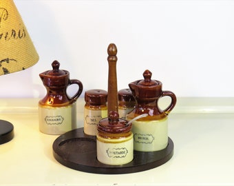 Vintage Vinegar Oil Salt Pepper and Mustard Dispenser Holder Set of 5, Wood And Ceramic Table Two Tone Set, Retro Kitchen Decor France, 70s