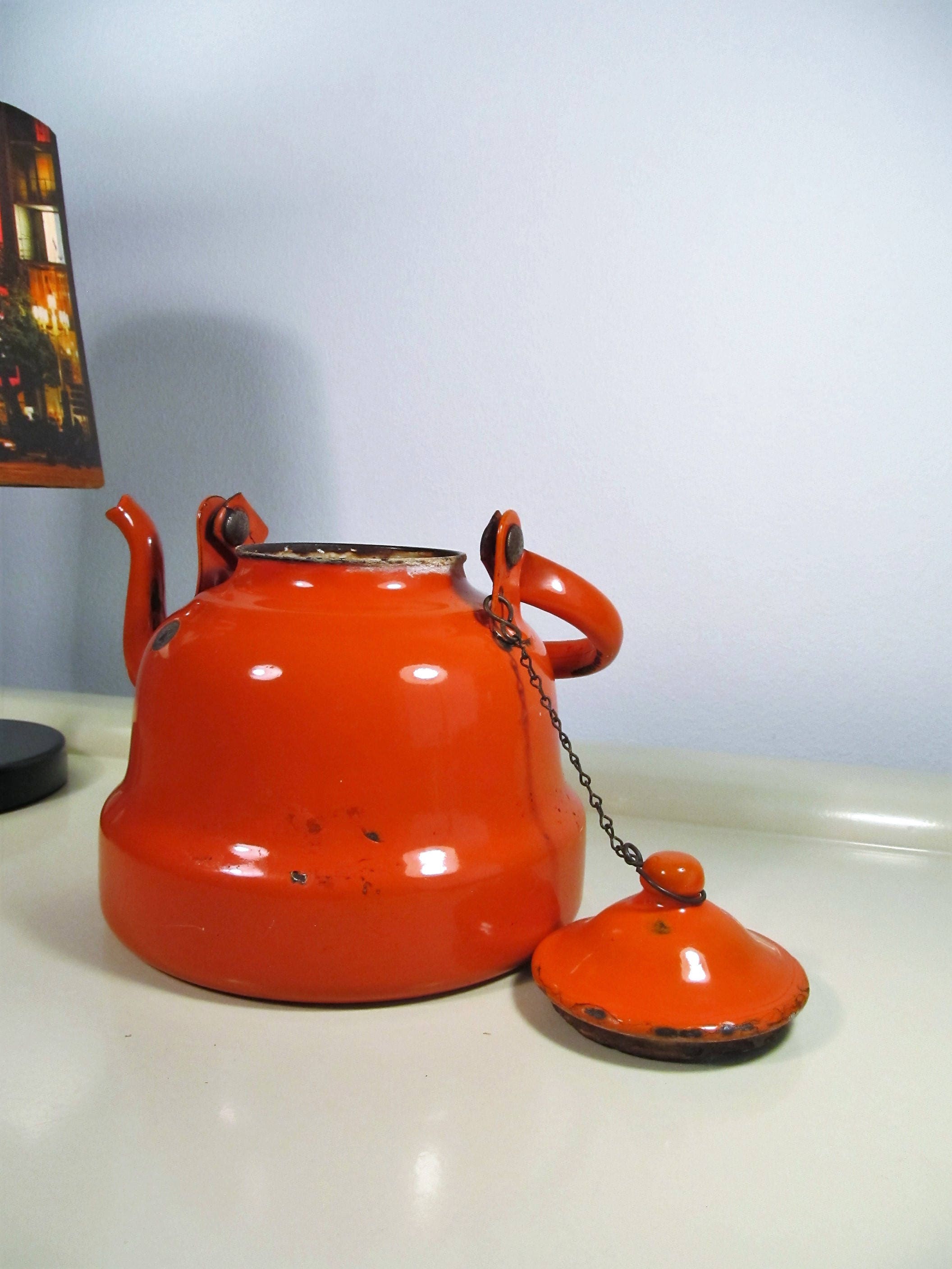 Vintage Enamel Teapot Orange Color Enamelware Teapot Coffee Etsy