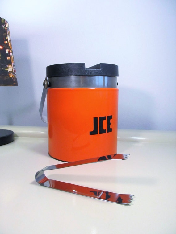 Vintage Retro Ice Cube Bucket with Tongs and Lid Orange color Etsy