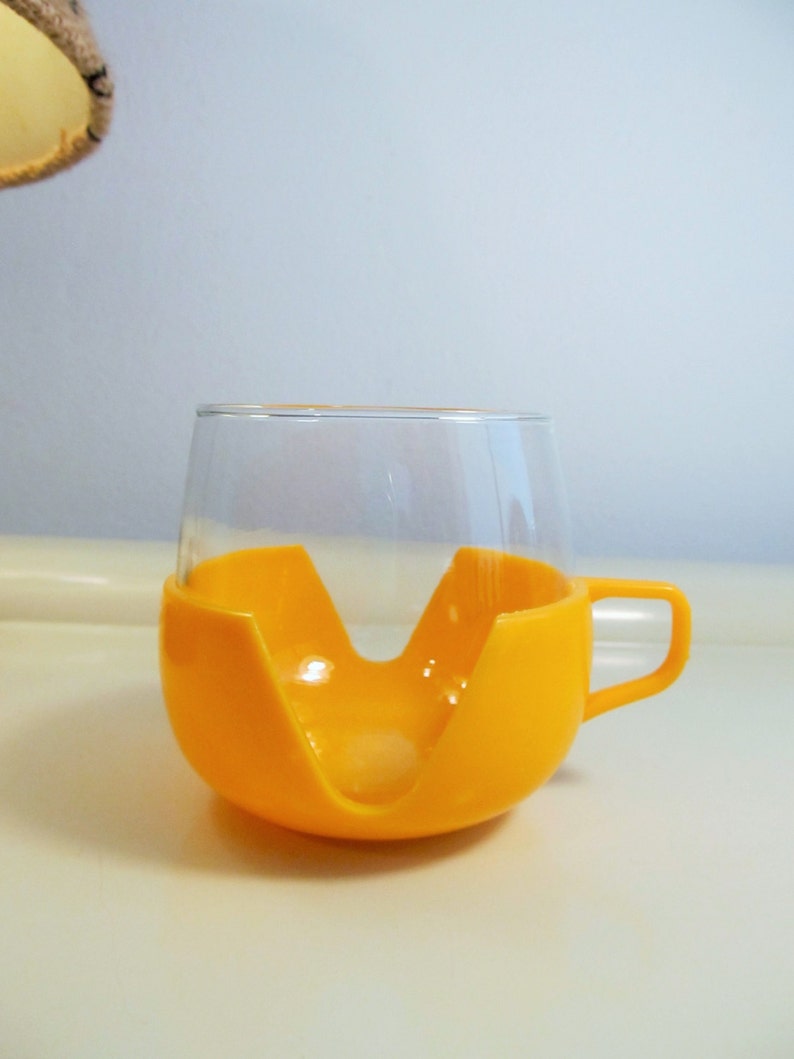 2 Vintage heat resistant glass and plastic cups Yellow color Etsy