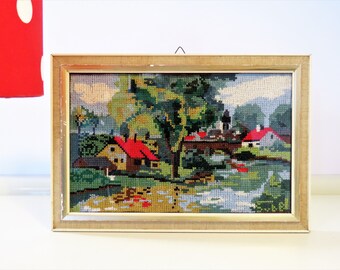 Vintage Needlepoint Canvas Framed Under Glass, Needlework Embroidery, Rectangular Wooden Frame, Countryside Decor, Made in France, 70s