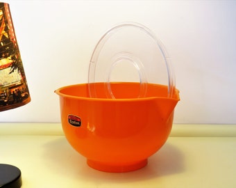 Vintage Large Bowl with Ladle Hole Lid, Retro Serving Container, BIODRAK brand, Orange Color, Kitchen Home Decor, Retro Decor, 70s