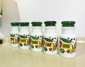 Vintage Dutch Milk Glass Shakers, Pepper, Nutmeg, Curry, Cloves and Aromatic, Set of 5 Spice Shakers, Vegetables Pattern Kitsch Holland 70s
