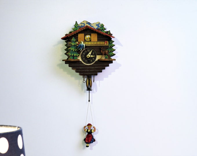 Vintage Cuckoo Clock With Swinging Girl Doll and Small Bobbing Bird