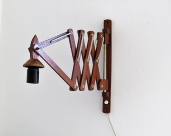 Vintage Wooden Scissor Lamp, Mid-Century Wall Mounted Extension Lamp, Reading Lamp, Wall Sconce Lamp, Design Accordion Lamp, Holland, 50s