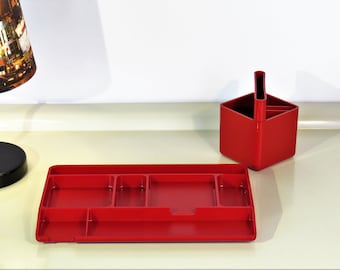 Vintage Home Office Decor, Desk Set, Retro French Pencil Desk Organizer, One Pencil Holder, Pen Tray, Stationary Drawer Set, Red Color, 70s