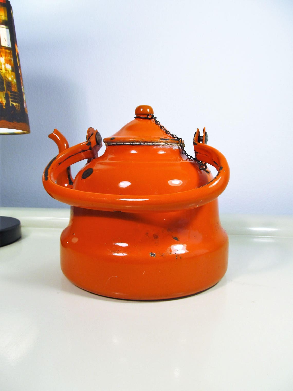 Vintage Enamel Teapot Orange Color Enamelware Teapot Coffee Etsy