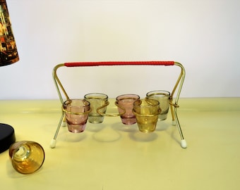 Vintage Glasses Set with Metal Gold Painted Caddy Rack, Retro 6 Color Shot Glasses and Tray, Barware, Home Decor, Mid Century, Holland, 60s