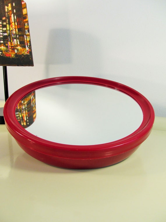 Vintage French Mirror Bright Red Round Hairdresser With Handle From The 70s