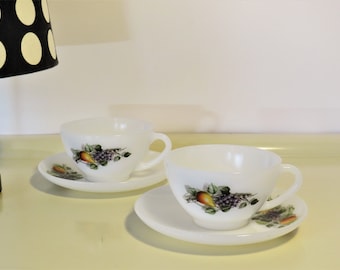 Vintage Pair of Teacup and Plate Saucer, French ARCOPAL Milk Glass Set, Tea or Coffee Set, France, Kitchen Retro Decor, Kitchenelia, 70s