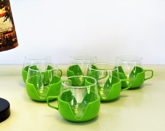 Vintage Tea Cups with Plastic Holder, 6 Glass Cups with Holder, Heat Resistant Glass and Plastic Teacups, Green Color, Space Age Holland 70s