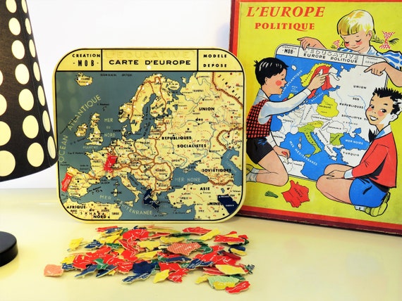 Vintage French Puzzle Game, Puzzle Pieces, Political Geographical