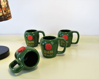 Vintage Original DOM CAFE BENEDICTINE Coffee Cups, Set of 4 Glazed Ceramics Cups, Green Color, Advertising Glasses, Barware, France, 70s