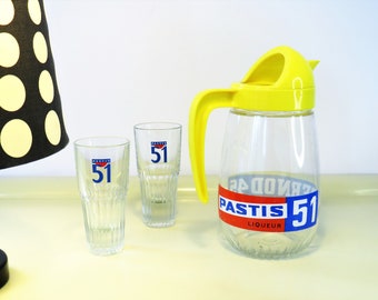 Vintage Original French PASTIS 51/PERNOD 45 Traditional Glass Water Jug Pitcher with 2 Glasses, Water Carafe Barware Bistro Cafe, France 70s