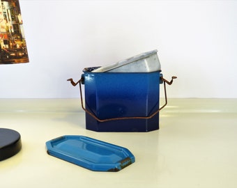 Vintage French Enamel Miners Lunch Box, Blue Color Stacking Tiffin Box Miners Lunch Pail, Metal Lunch Bucket, Kitchen Decor, Memorabilia