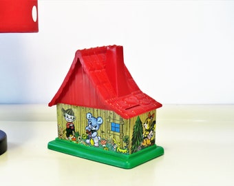 Vintage Chalet House Piggy Bank, Money Box, Money Coins Bank, Metal and Plastic, SOLPA Retro Toy Children Box, XMas Gift, Made in Greece 70s