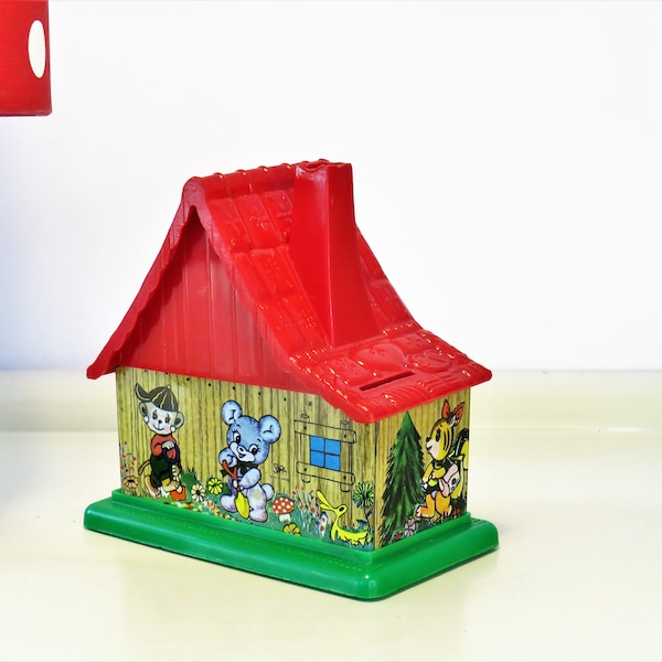 Tirelire vintage pour maison de chalet, tirelire, tirelire, métal et plastique, boîte à jouets rétro SOLPA pour enfants, cadeau de Noël, fabriqué en Grèce, années 70