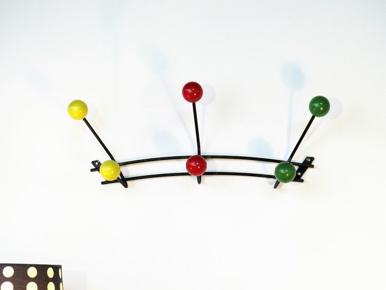 Vintage Wall Coat Rack Metal Wall Coat Hanger with 6 Wooden Balls Yellow Red Green Color Clothing Storage Home Decor Retro, France, 60s 