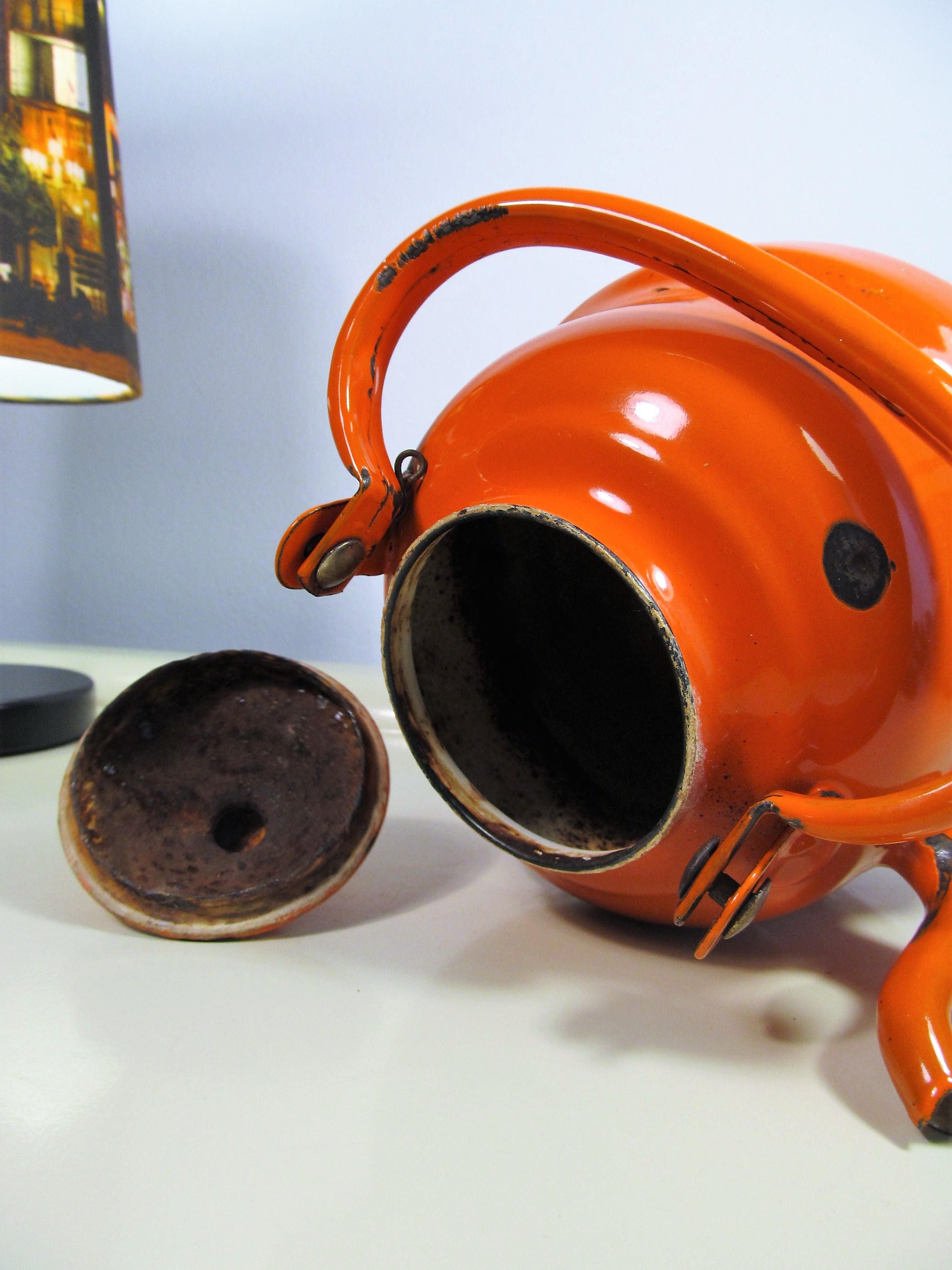 Vintage Enamel Teapot Orange Color Enamelware Teapot Coffee Etsy