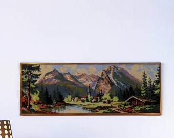 Vintage Long Size Needlepoint Canvas, Wooden Frame Needlework Embroidery, Wall Tapestry, Landscape Scene With Mountains, Lake and Village