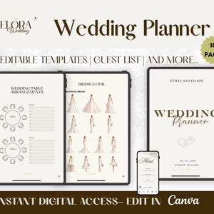 Puede incluir: Un planificador de bodas digital de 184 páginas con plantillas editables para arreglos de mesa, listas de invitados y looks nupciales. La interfaz muestra texto que incluye Wedding Planner, Ethan and Eloise y 20.04.2028 London, England.