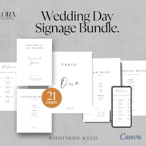 Puede incluir: Un paquete de señalización para bodas con 21 páginas de papelería blanca con texto en negro, que incluye carteles de bienvenida, números de mesa, menús de bar y planos de asientos. Incluye una vista móvil digital y el texto "Wedding Day Signage Bundle."