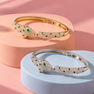 Lyxigt Leopardhuvudarmband – Guld- och silverfärgad strass-panterarmband med gröna ögon – Statement-smycken för kvinnor