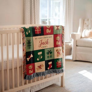 Custom Baby Name Woven Blanket, Baby's First Christmas Gift from Grandma, Puppy and Stocking Checkered Nursery Throw, Cotton Keepsake