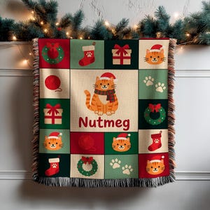 Personalized Pet Name Christmas Blanket, Tabby Cat Patchwork with Yarn and Paw Prints, Gift for Cat Lovers, Woven Cotton Keepsake Throw