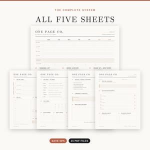May include: A set of five printable planning sheets from One Page Co. featuring a weekly calendar, task lists, and organizational templates. The documents are white with black text, including headers like The Big Three, The Reset, and The Five-Step Waterfall.