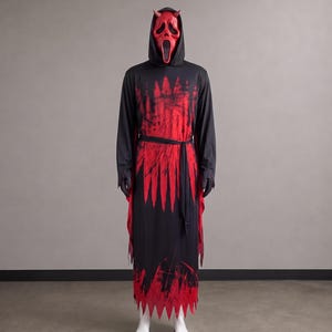 May include: A full-length black hooded robe featuring a red distressed paint-splatter pattern, long sleeves, and a matching tie belt. The ensemble includes a red mask with two small horns on the forehead and a long, jagged hemline at the bottom.