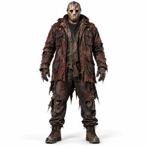 Pode incluir: Um traje de corpo inteiro com uma jaqueta marrom desgastada e envelhecida e calças cargo combinando com bordas desfiadas e buracos. O conjunto inclui uma camisa escura, luvas escuras, botas e uma máscara de hóquei branca com marcas vermelhas.