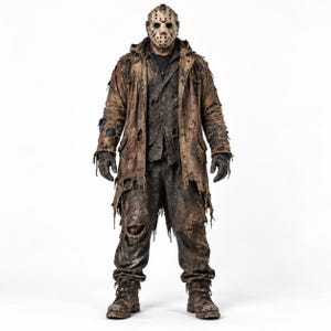 May include: A full-body figure wearing a weathered, distressed brown hooded coat over a dark, tattered vest and pants. The figure wears a hockey mask with red markings, dark gloves, and rugged boots. The clothing appears heavily worn and frayed.