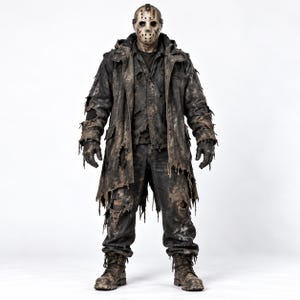 Peut inclure: Un costume usé et vieilli comprenant un masque de hockey avec des marques rouges, un long manteau sombre en lambeaux, une chemise assortie, un pantalon sombre avec des trous effilochés et des bottes robustes tachées de boue.