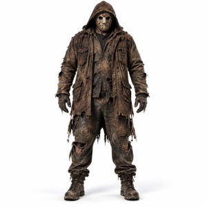 May include: A distressed brown hooded jacket and matching cargo trousers with heavy wear, tears, and frayed edges. The outfit includes a dark shirt, dark gloves, and rugged boots. A white hockey mask with red markings covers the face area.