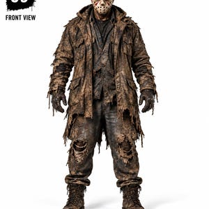 May include: A full-body costume featuring a distressed brown hooded jacket with frayed edges, a dark shirt, and matching mud-stained trousers with large holes at the knees. The ensemble includes dark gloves, heavy boots, and a hockey mask with red markings.